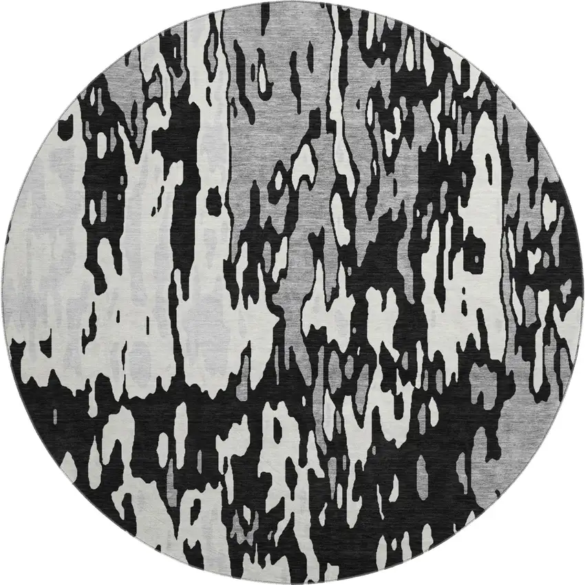 8' Black Ivory And Gray Abstract Washable Round Rug With UV Protection Photo 1