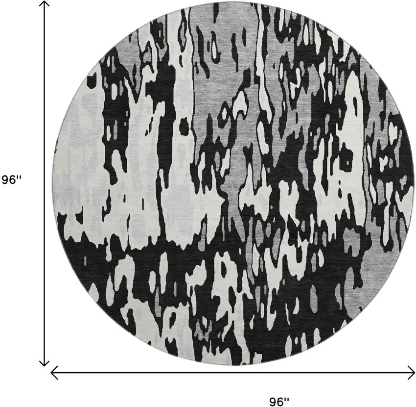 8' Black Ivory And Gray Abstract Washable Round Rug With UV Protection Photo 9