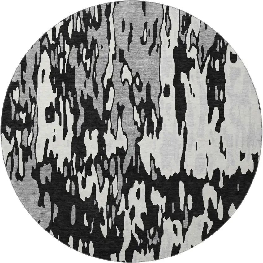 8' Black Ivory And Gray Abstract Washable Round Rug With UV Protection Photo 3