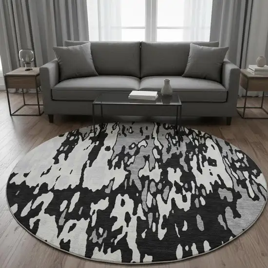 8' Black Ivory And Gray Abstract Washable Round Rug With UV Protection Photo 2