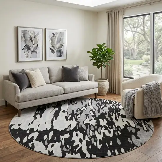 8' Black Ivory And Gray Abstract Washable Round Rug With UV Protection Photo 1