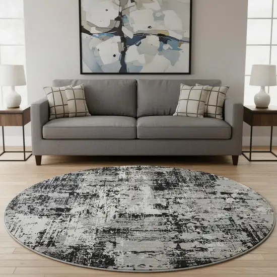8' Black Ivory And Gray Abstract Washable Round Rug With UV Protection Photo 2