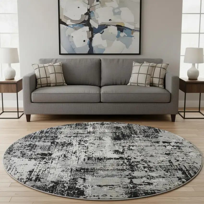 8' Black Ivory And Gray Abstract Washable Round Rug With UV Protection Photo 2