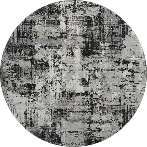 Photo of 8' Black Ivory And Gray Abstract Washable Round Rug With UV Protection