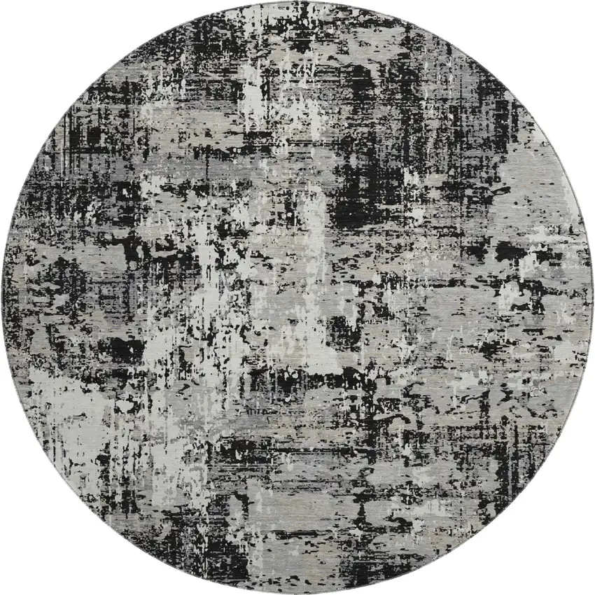 8' Black Ivory And Gray Abstract Washable Round Rug With UV Protection Photo 1