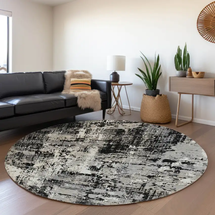 8' Black Ivory And Gray Abstract Washable Round Rug With UV Protection Photo 4