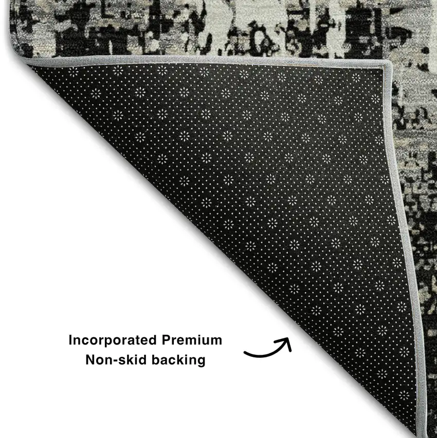 8' Black Ivory And Gray Abstract Washable Round Rug With UV Protection Photo 5