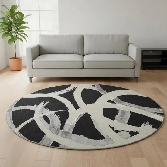 8' Black Ivory And Gray Abstract Washable Round Rug With UV Protection Photo 2