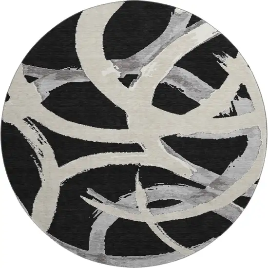 8' Black Ivory And Gray Abstract Washable Round Rug With UV Protection Photo 1