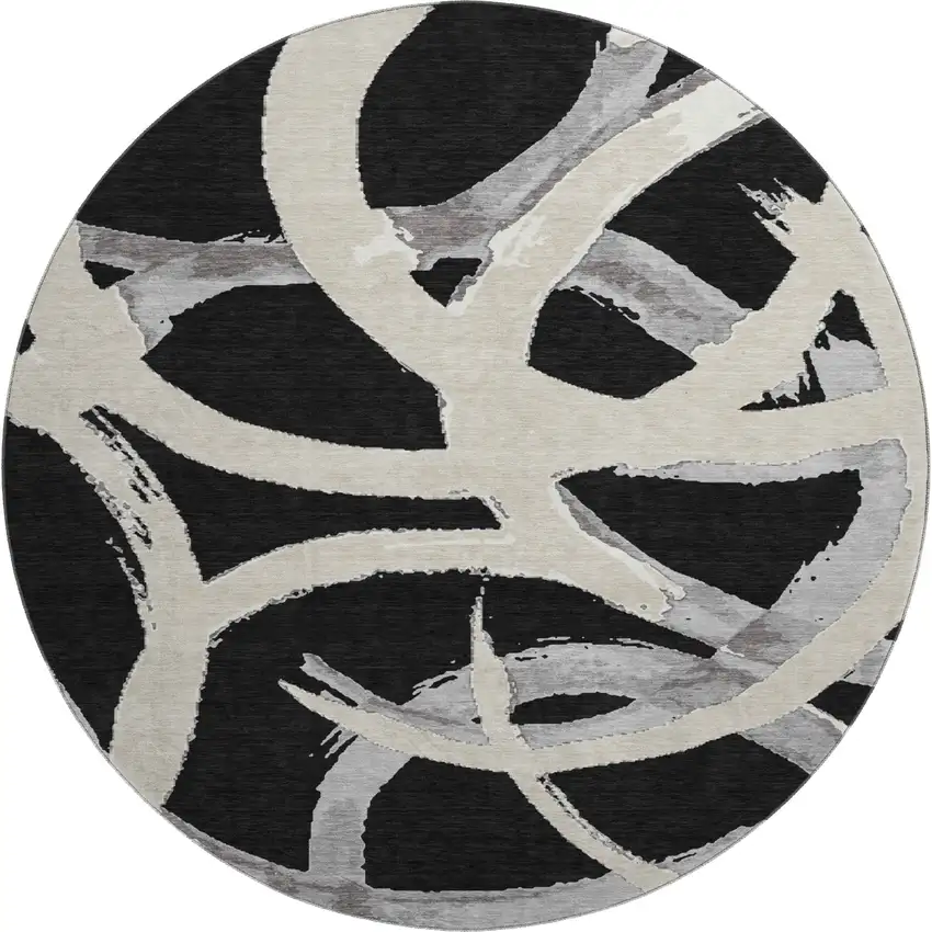 8' Black Ivory And Gray Abstract Washable Round Rug With UV Protection Photo 1