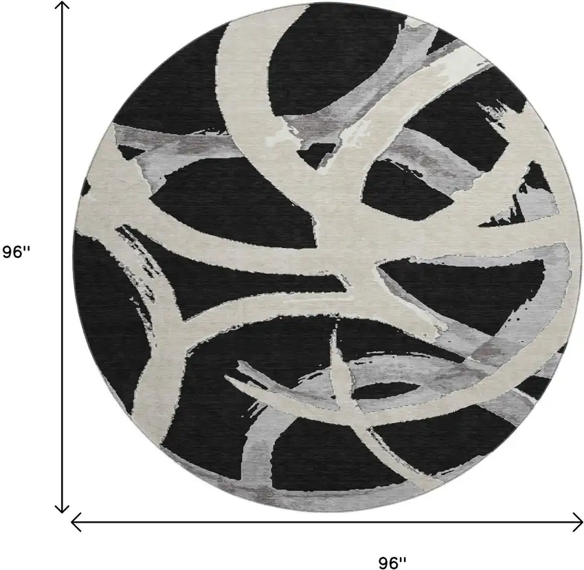8' Black Ivory And Gray Abstract Washable Round Rug With UV Protection Photo 8