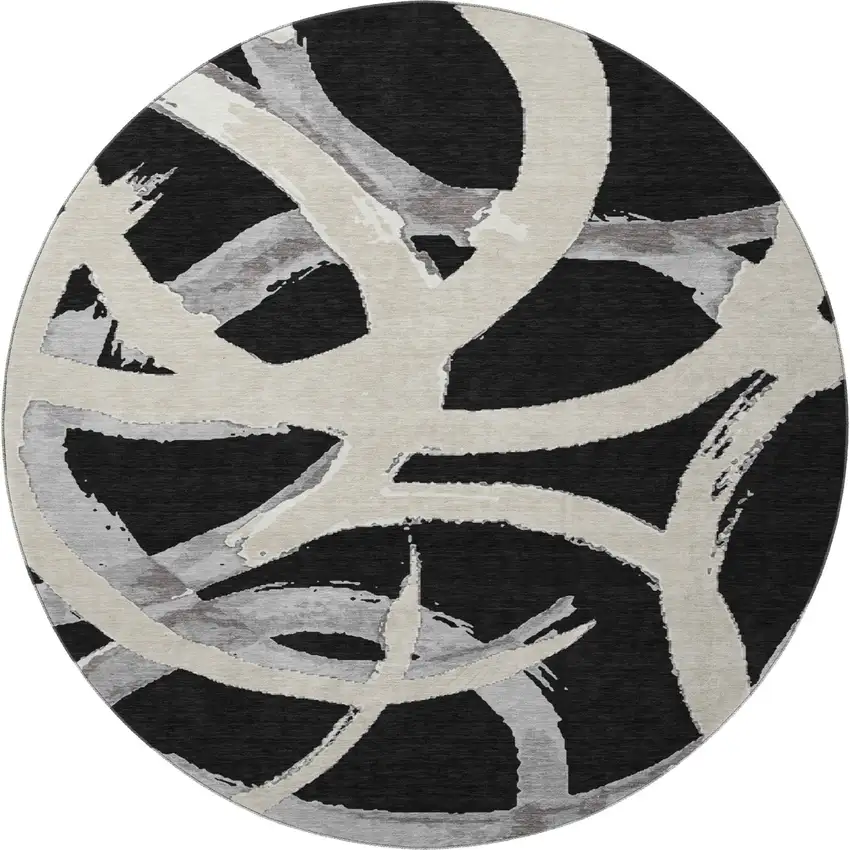 8' Black Ivory And Gray Abstract Washable Round Rug With UV Protection Photo 2