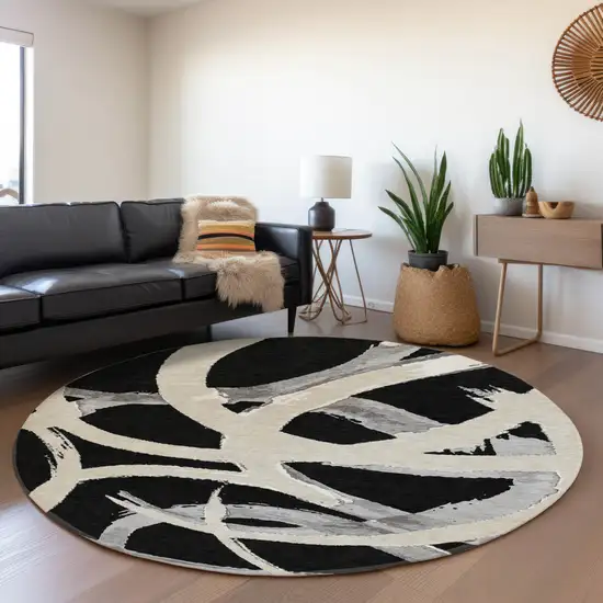 8' Black Ivory And Gray Abstract Washable Round Rug With UV Protection Photo 3