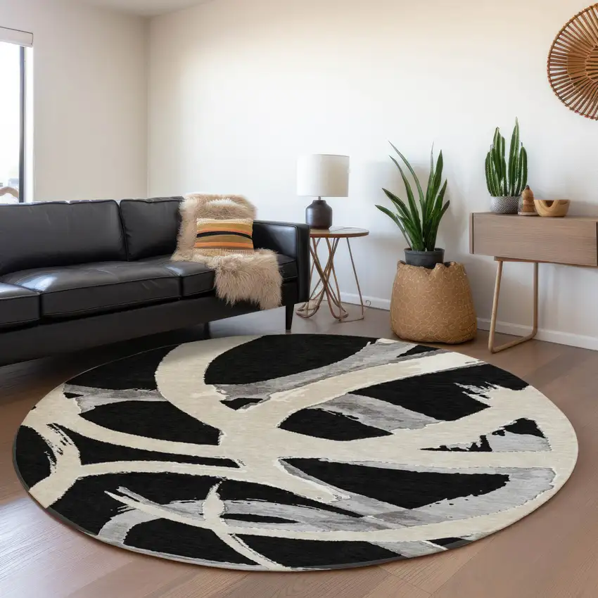 8' Black Ivory And Gray Abstract Washable Round Rug With UV Protection Photo 3