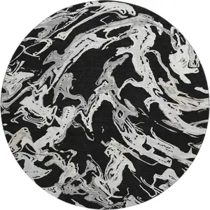 Photo of 8' Black Ivory And Gray Abstract Washable Round Rug With UV Protection