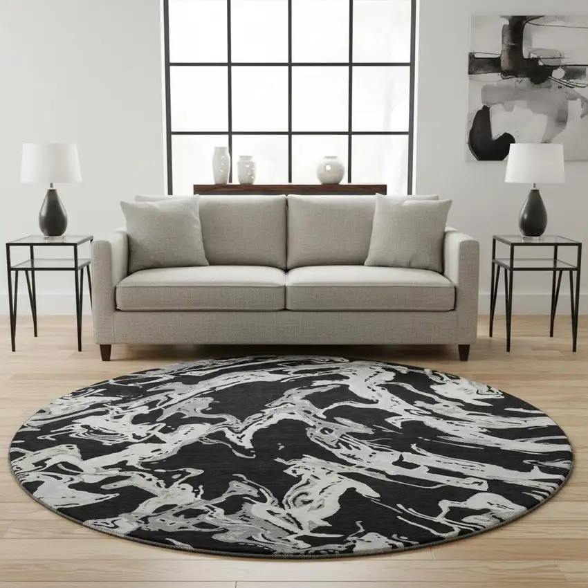 8' Black Ivory And Gray Abstract Washable Round Rug With UV Protection Photo 2