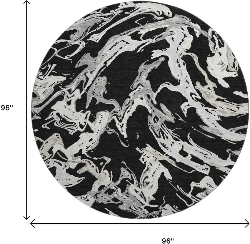 8' Black Ivory And Gray Abstract Washable Round Rug With UV Protection Photo 9