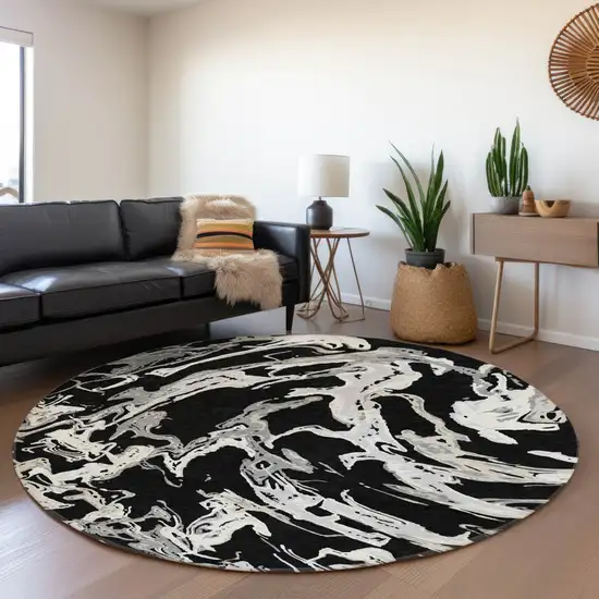 8' Black Ivory And Gray Abstract Washable Round Rug With UV Protection Photo 4