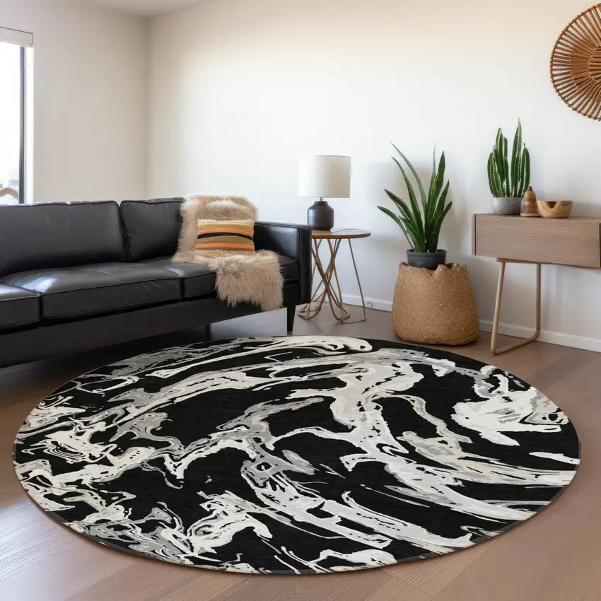 8' Black Ivory And Gray Abstract Washable Round Rug With UV Protection Photo 4