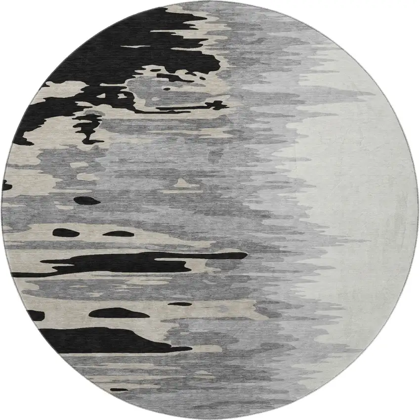 8' Black Ivory And Gray Abstract Washable Round Rug With UV Protection Photo 3