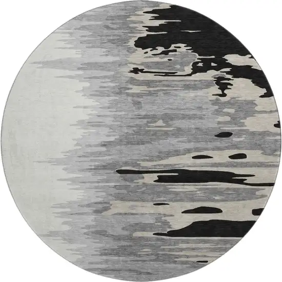 8' Black Ivory And Gray Abstract Washable Round Rug With UV Protection Photo 1