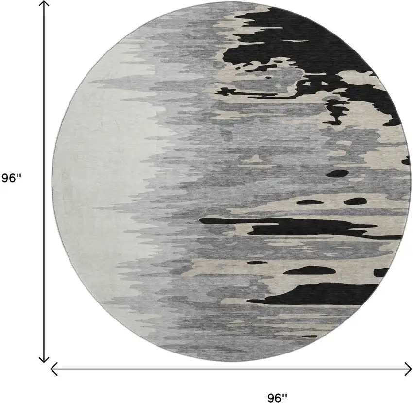 8' Black Ivory And Gray Abstract Washable Round Rug With UV Protection Photo 9