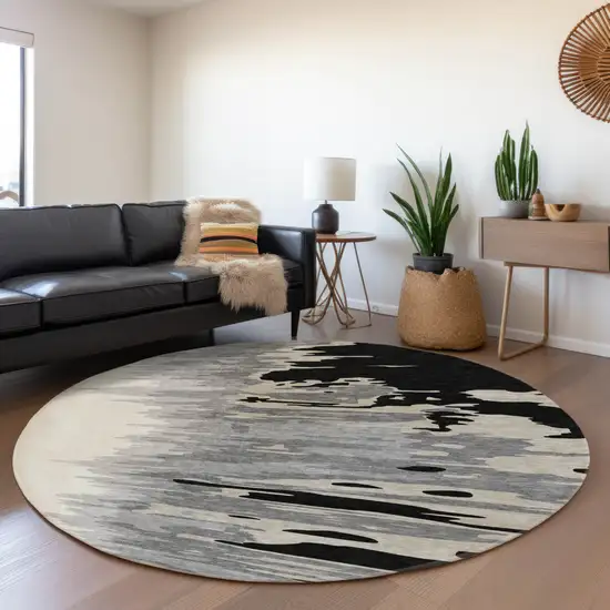 8' Black Ivory And Gray Abstract Washable Round Rug With UV Protection Photo 4