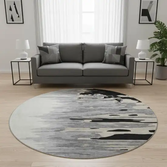 8' Black Ivory And Gray Abstract Washable Round Rug With UV Protection Photo 2
