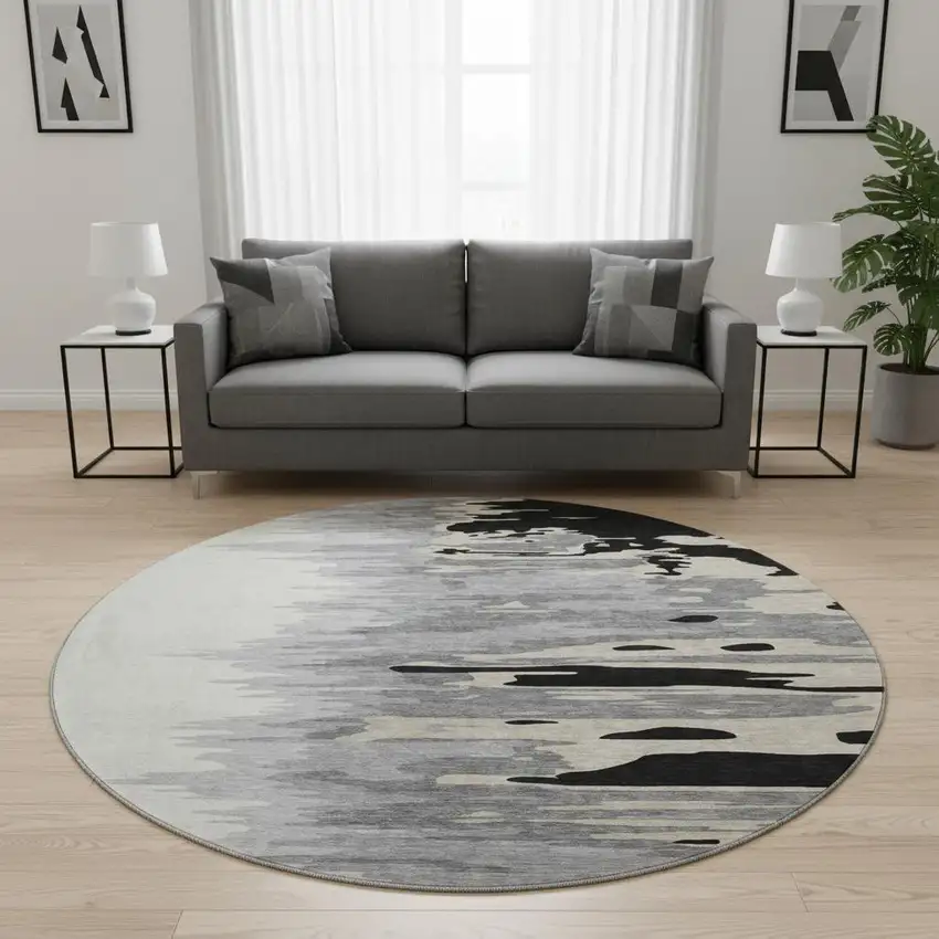 8' Black Ivory And Gray Abstract Washable Round Rug With UV Protection Photo 2