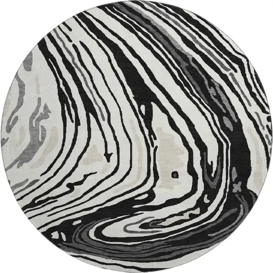 8' Black Ivory And Gray Abstract Washable Round Rug With UV Protection Photo 5