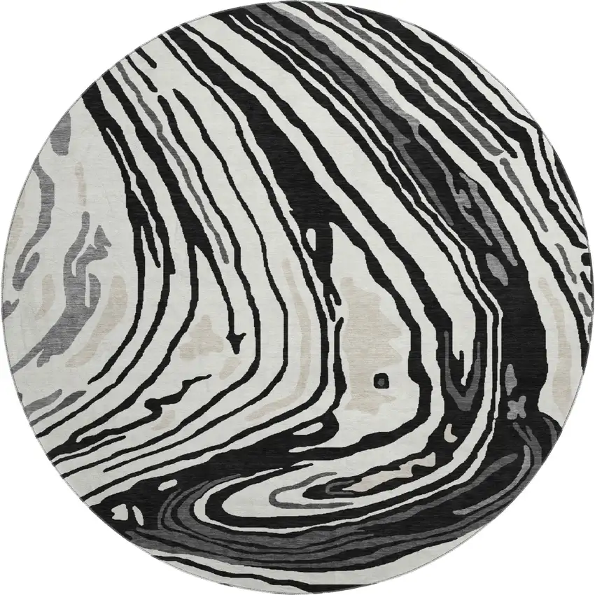 8' Black Ivory And Gray Abstract Washable Round Rug With UV Protection Photo 5