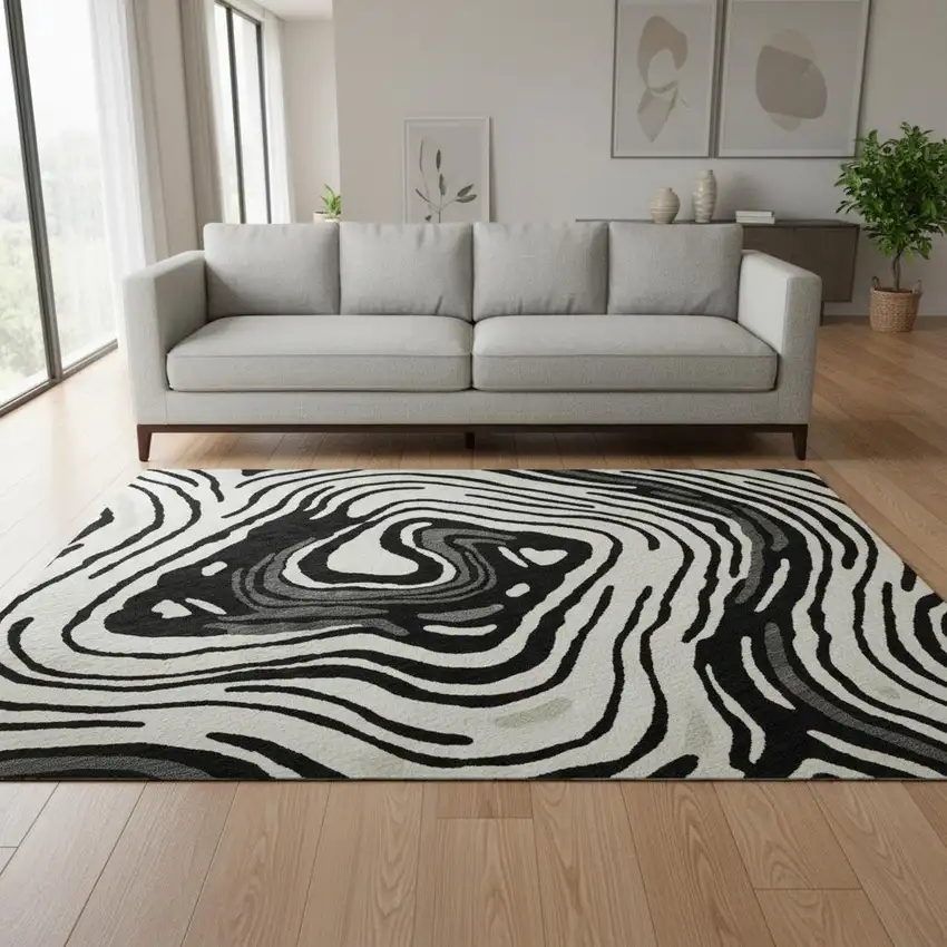 8' Black Ivory And Gray Abstract Washable Round Rug With UV Protection Photo 2