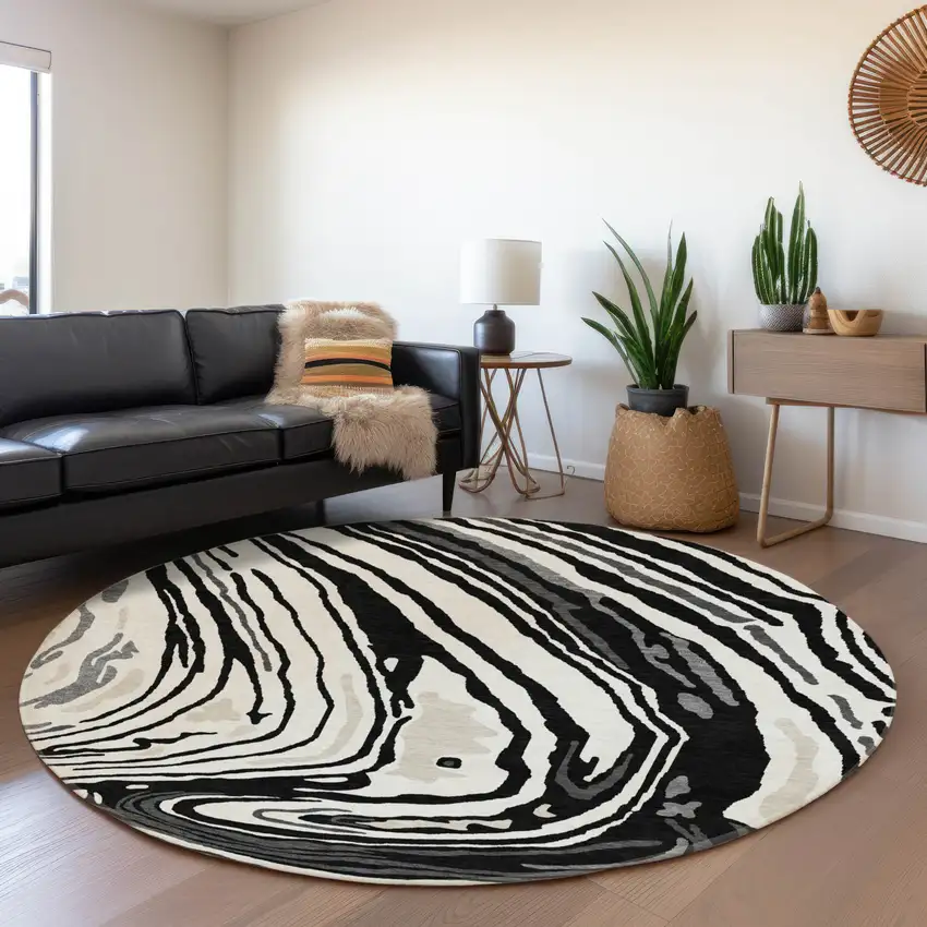 8' Black Ivory And Gray Abstract Washable Round Rug With UV Protection Photo 4
