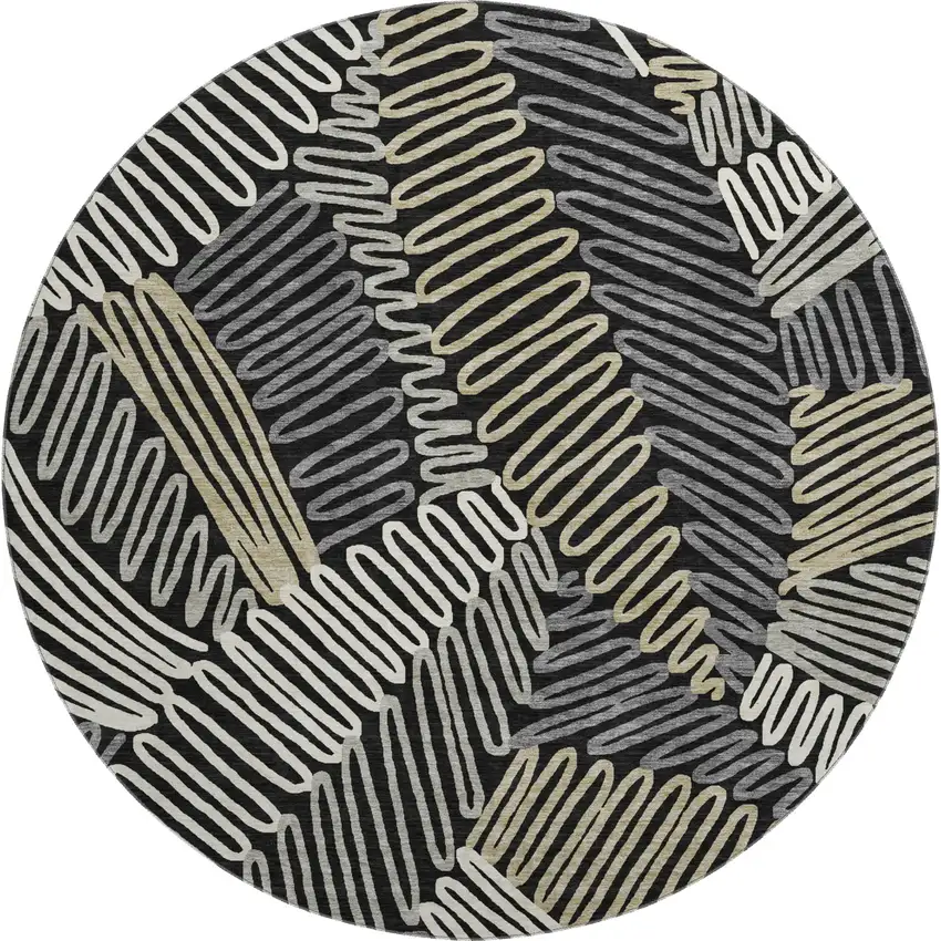 8' Black Ivory And Gray Floral Washable Round Rug With UV Protection Photo 1