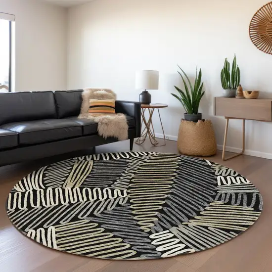 8' Black Ivory And Gray Floral Washable Round Rug With UV Protection Photo 5