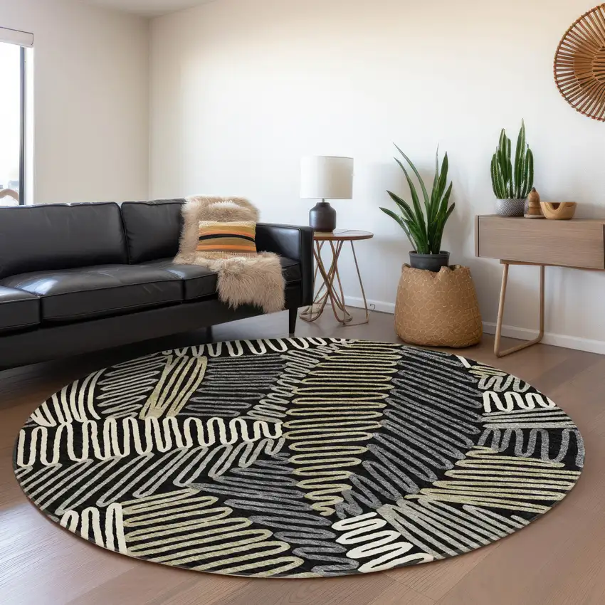 8' Black Ivory And Gray Floral Washable Round Rug With UV Protection Photo 5