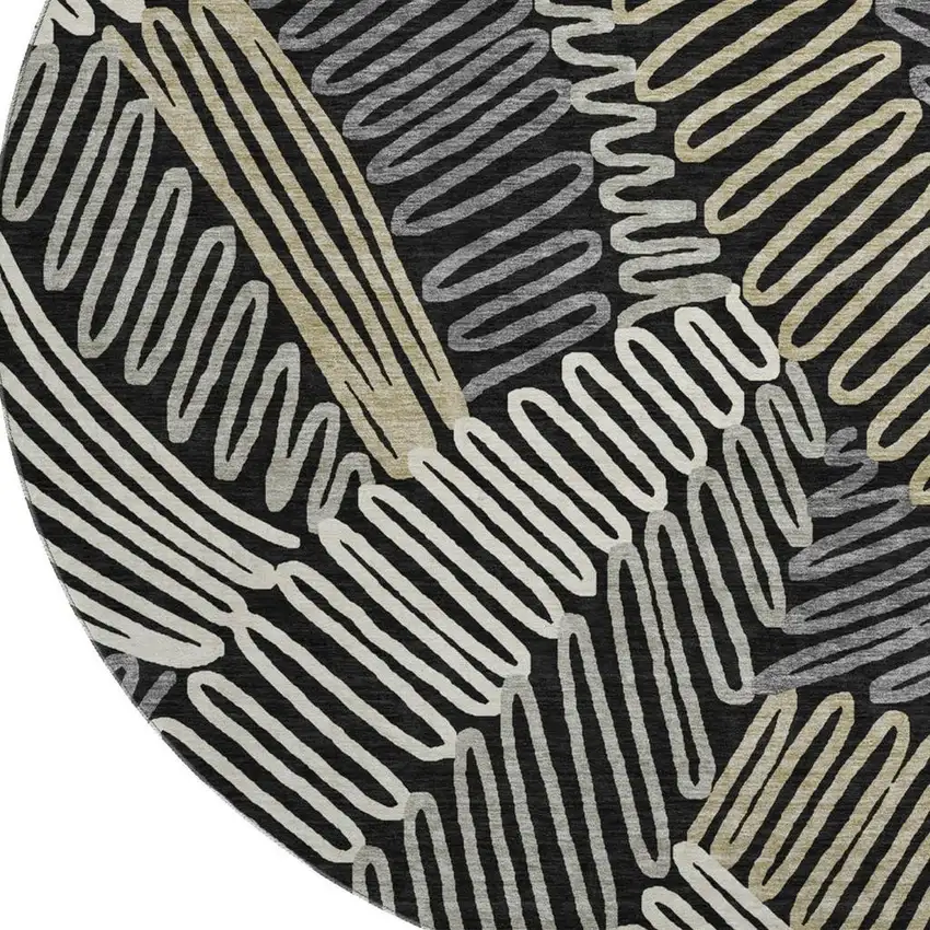 8' Black Ivory And Gray Floral Washable Round Rug With UV Protection Photo 4