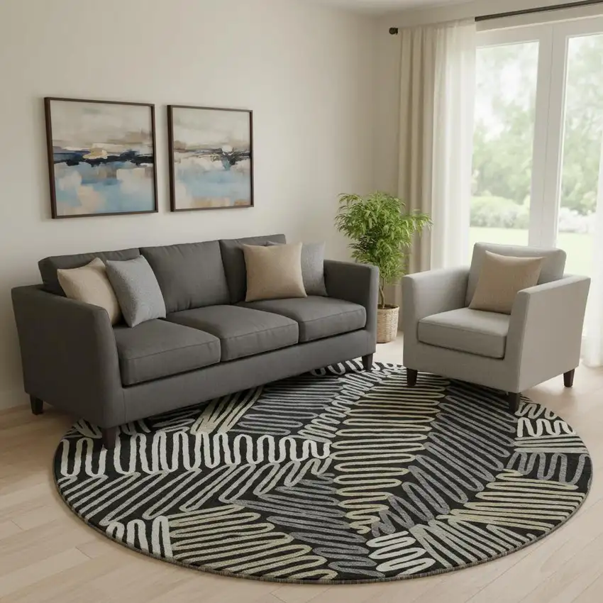 8' Black Ivory And Gray Floral Washable Round Rug With UV Protection Photo 1