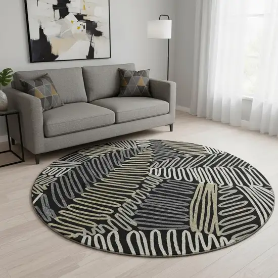 8' Black Ivory And Gray Floral Washable Round Rug With UV Protection Photo 2