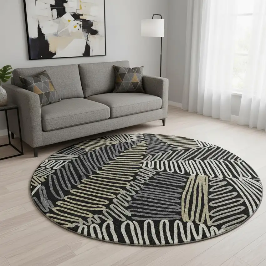 8' Black Ivory And Gray Floral Washable Round Rug With UV Protection Photo 2