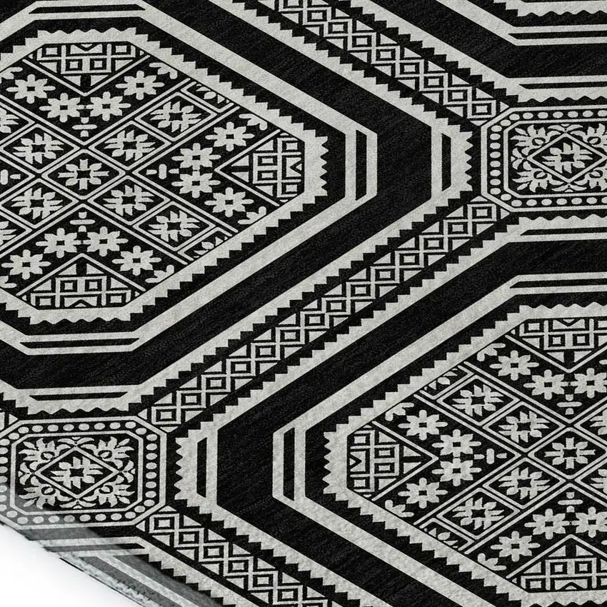 8' Black Ivory And Gray Geometric Washable Area Rug With UV Protection Photo 2