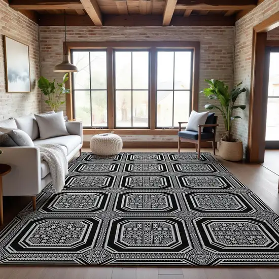 8' Black Ivory And Gray Geometric Washable Area Rug With UV Protection Photo 5