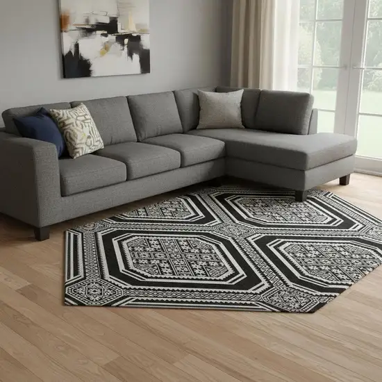 8' Black Ivory And Gray Geometric Washable Area Rug With UV Protection Photo 2