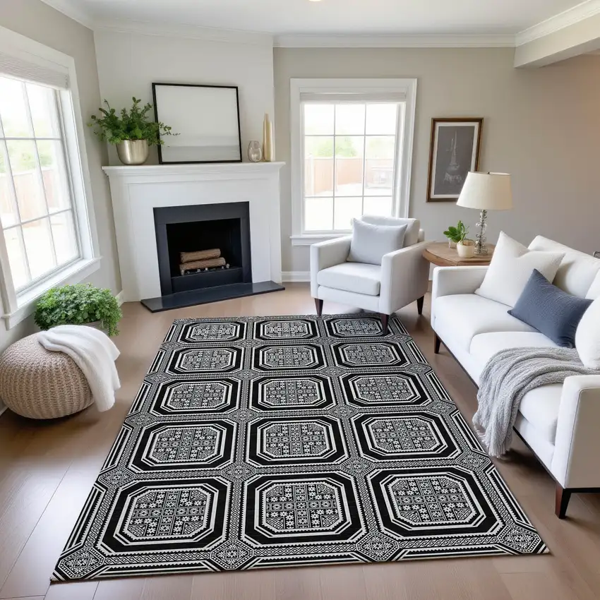 8' Black Ivory And Gray Geometric Washable Area Rug With UV Protection Photo 4