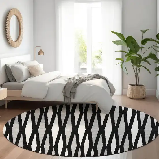8' Black Ivory And Gray Geometric Washable Round Rug With UV Protection Photo 4