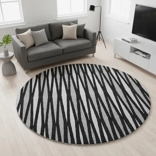 8' Black Ivory And Gray Geometric Washable Round Rug With UV Protection Photo 2