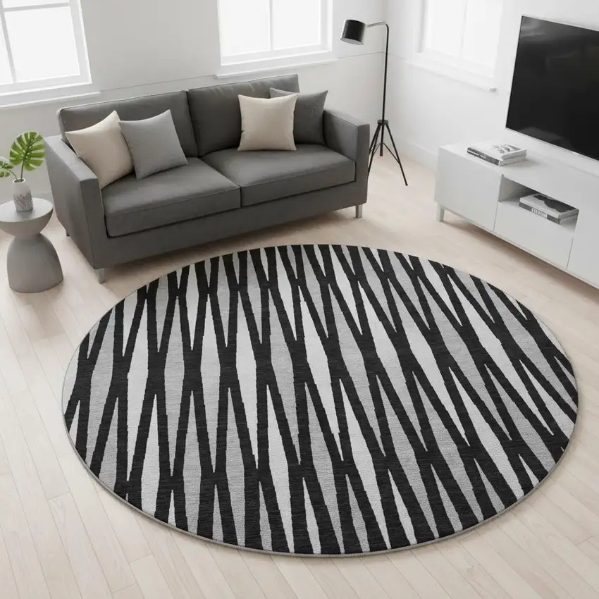 8' Black Ivory And Gray Geometric Washable Round Rug With UV Protection Photo 2