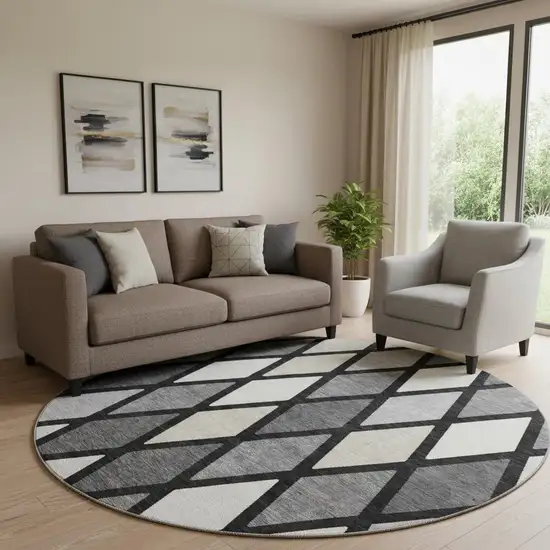 8' Black Ivory And Gray Geometric Washable Round Rug With UV Protection Photo 1