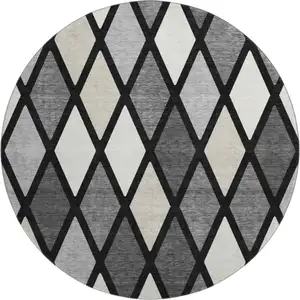 Photo of 8' Black Ivory And Gray Geometric Washable Round Rug With UV Protection
