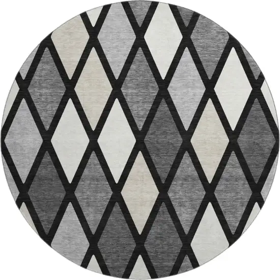 8' Black Ivory And Gray Geometric Washable Round Rug With UV Protection Photo 1